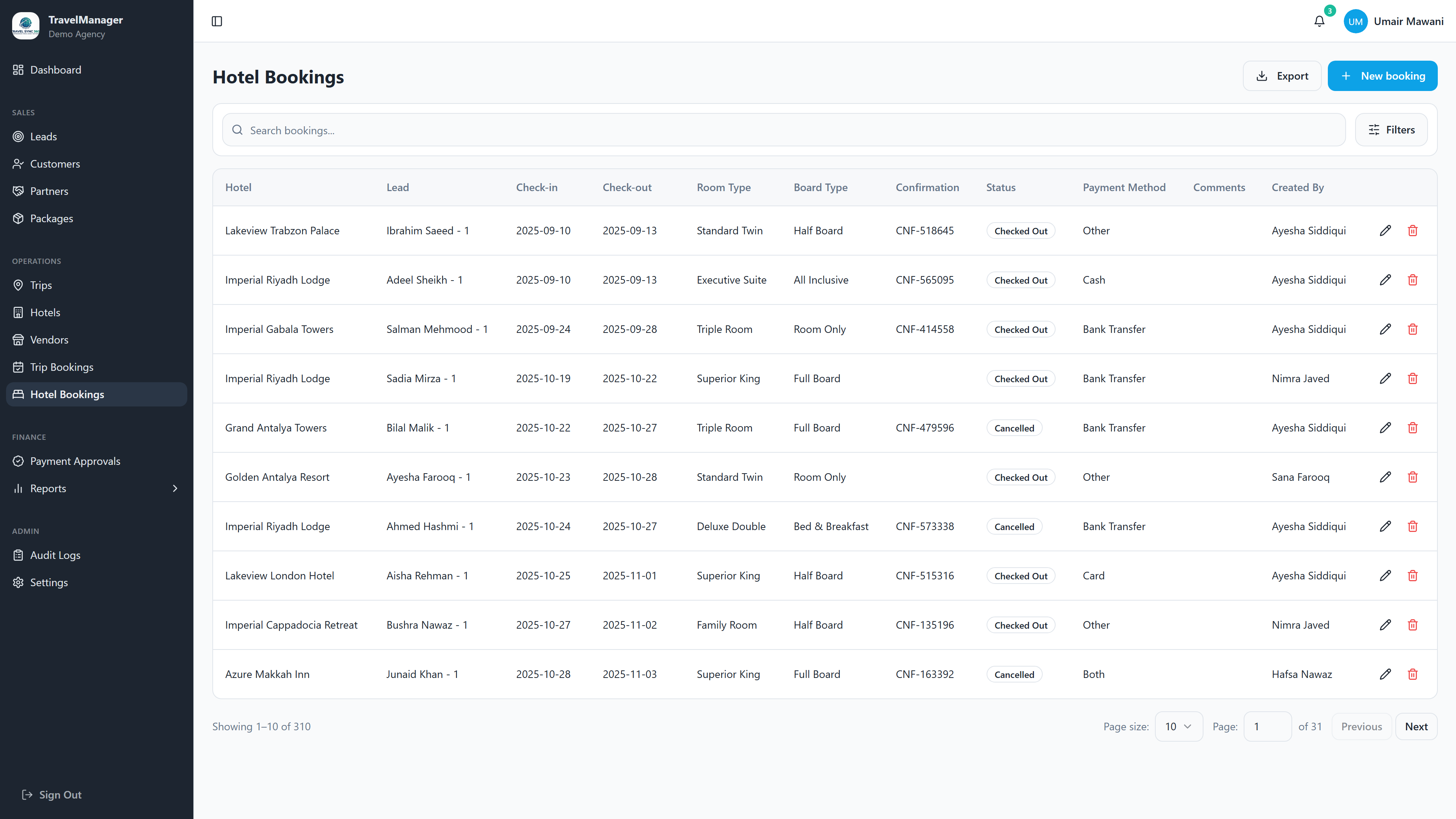 Hotel and trip bookings list