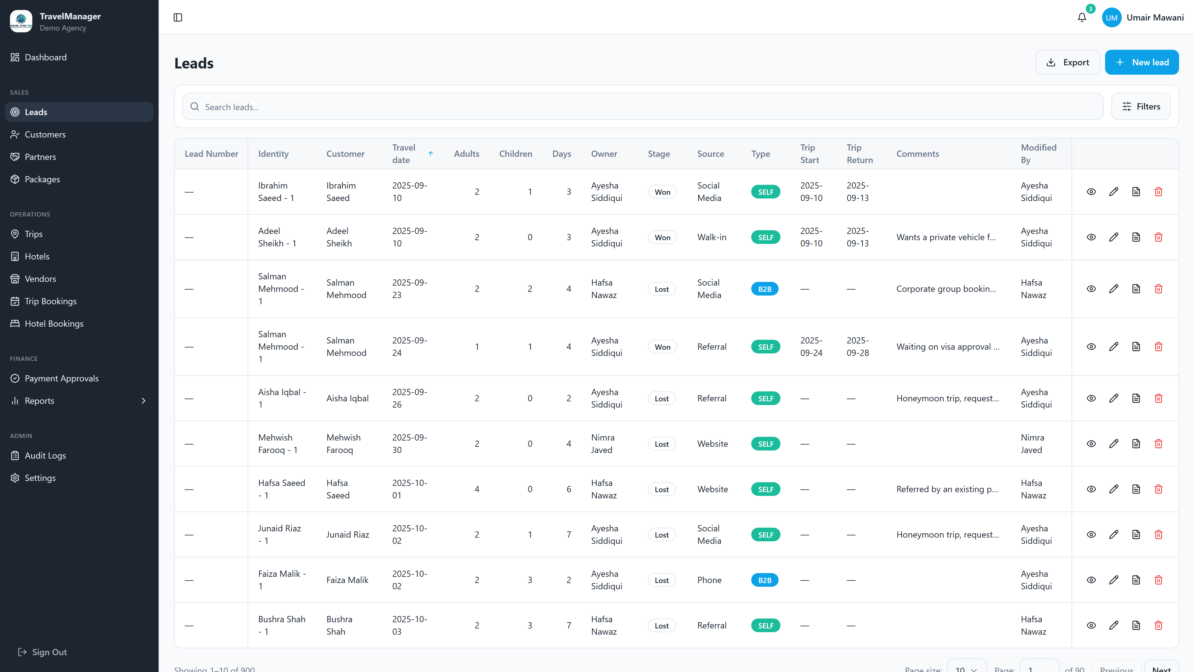 Leads list with filters