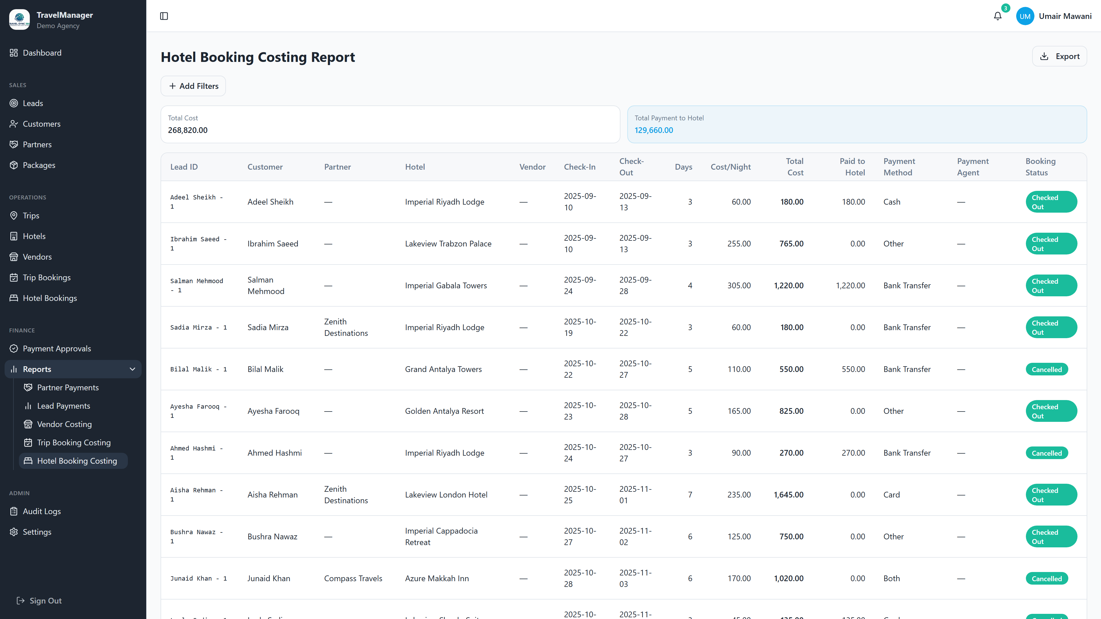 Costing report with filters